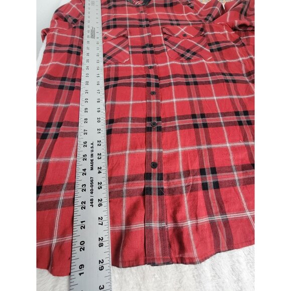 Vince Womens Red Plaid Long Sleeve Button-Up Shirt Size 12 Black Leather Trim - Picture 8 of 8